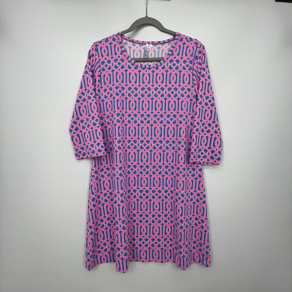 LULU B Abstract Print Dress Sz M UPF50 Stretch 3/4 Sleeves Travel Preppy Resort